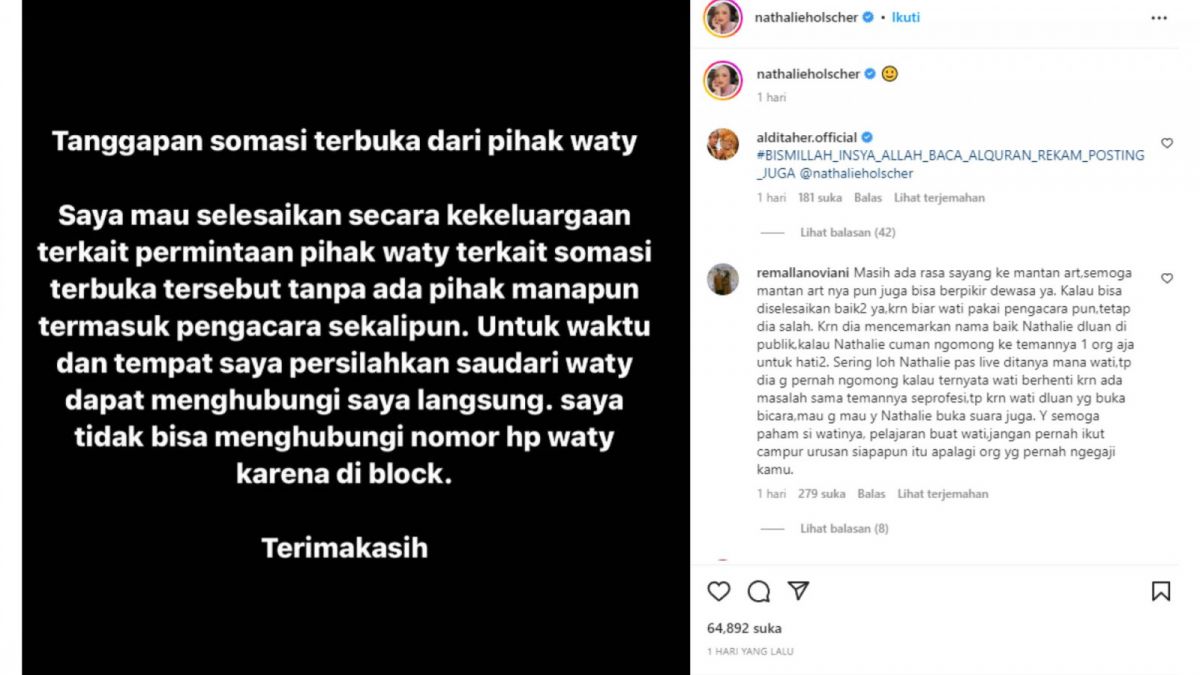 Tangkapan layar salah satu postingan Instagram Nathalie Holscher soal dirinya menanggapi somasi terbuka dari Wati mantan ART-nya. [Instagram/nathalieholscher]