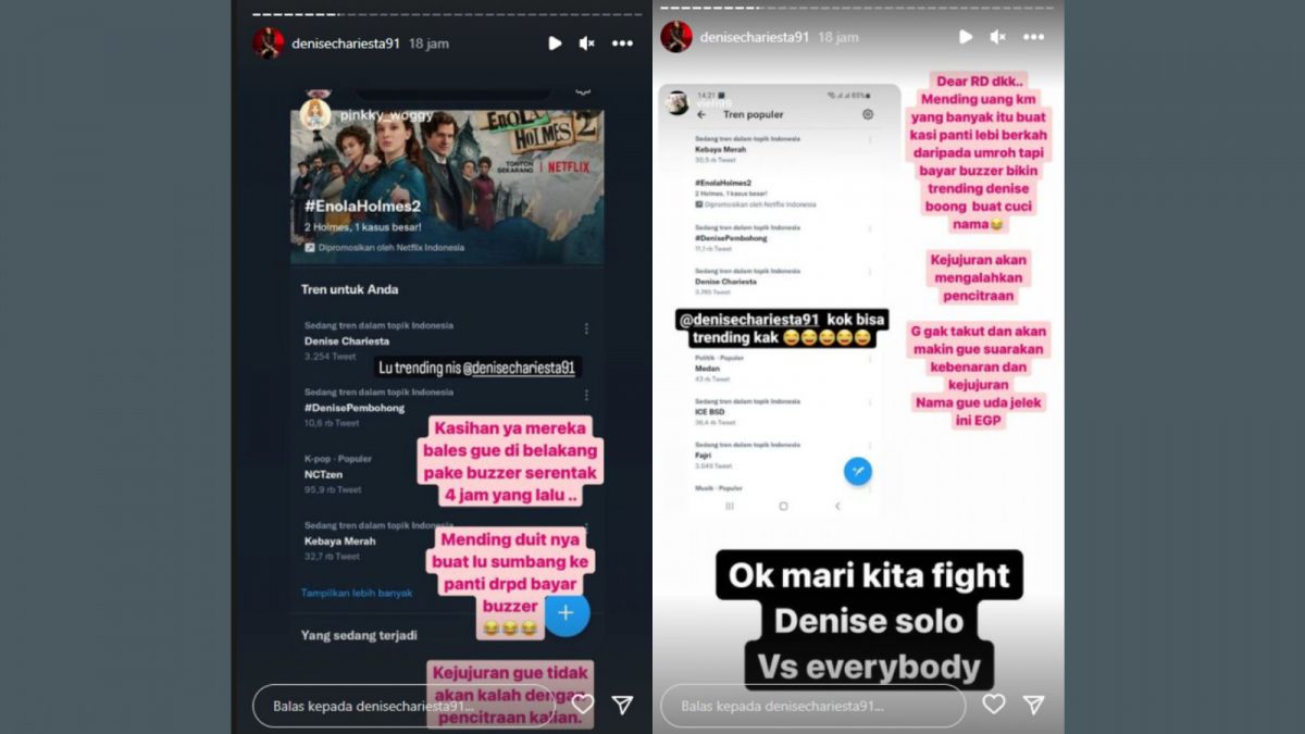 Tangkapan layar Insta Story Denise Chariesta yang memperlihatkan namanya jadi tagar viral di Twitter. [Instagram/denisechariesta91]