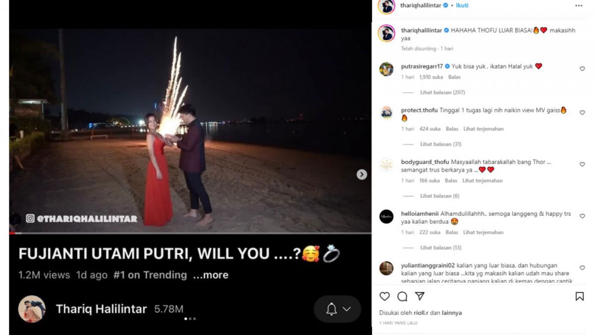 Tangkapan layar momen Thariq Halilintar yang memasang cincin berlian bernilai Rp180 juta di jari manis sang kekasih tercinta, Fuji. [Instagram/thariqhalilintar]