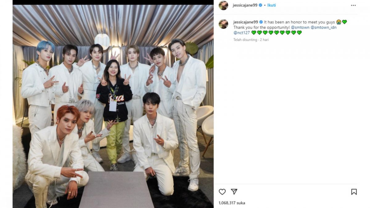 Tangkapan layar postingan Instagram Jessica Jane yang berhasil buat cemburu penggemar KPOP dengan berfoto bersama personil NCT 127. [Instagram/jessicajane99]