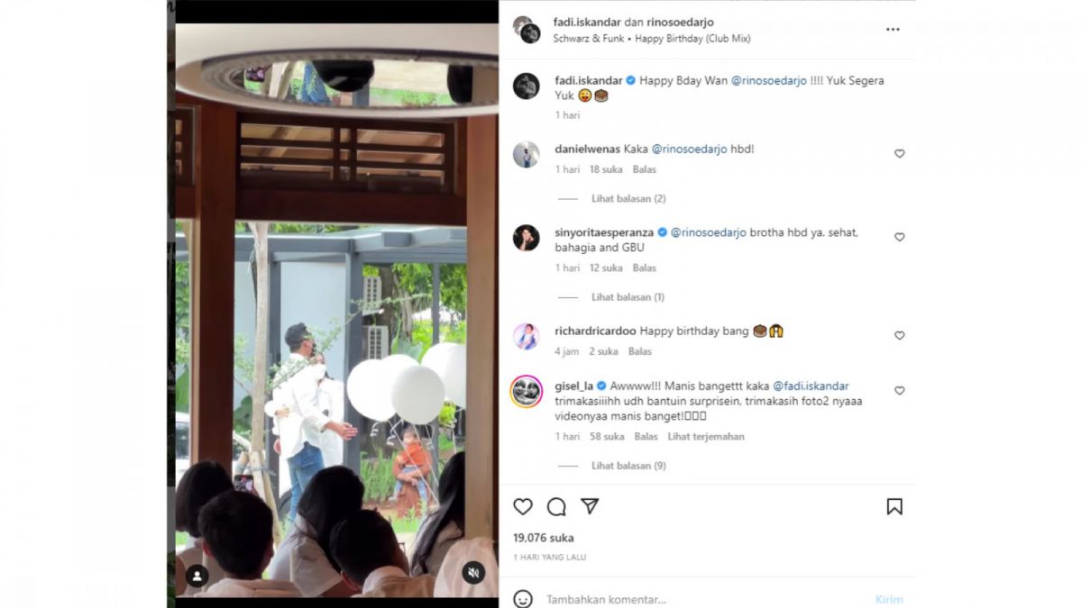 Tangkap layar postingan video momen kejutan Gisel untuk sang kekasih barunya, Rino Soedarjo, terlihat mesra. [Instagram/rinosoedarjo]