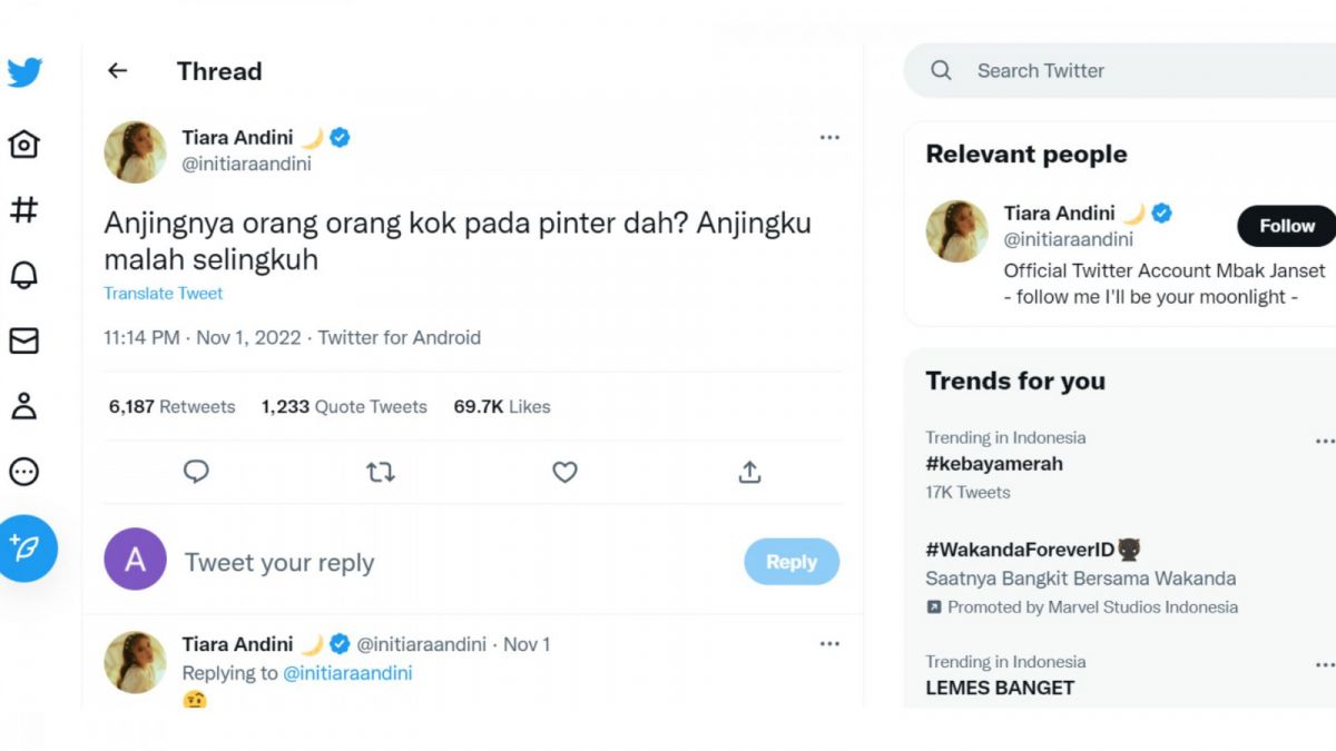 Tangkapan layar cuitan Tiara Andini yang bikin heboh pengguna Twitter hingga Alshad Ahmad jadi sorotan warganet. [Twitter/initiaraandini]