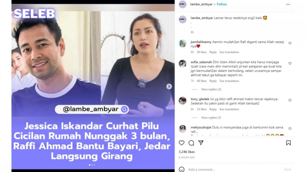 Tangkapan layar kabar berita Jessica Iskandar dapat uluran tangan dari Sultan Andara, Raffi Ahmad, yang bantu bayar cicilan KPR untuk satu bulan. [Instagram/lambe_ambyar]