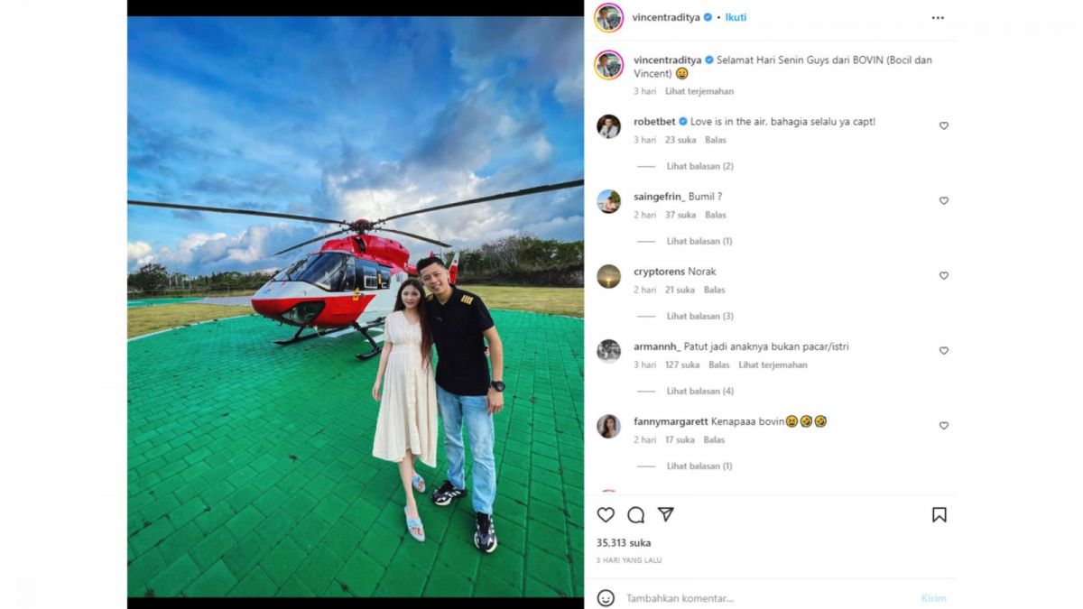 Tangkapan layar postingan Kapten Vincent Raditya bersama seorang gadis yang jadi sorotan publik yang digaet-gaetkan netizen dengan isu miringnya. [Instagram/vincentraditya]