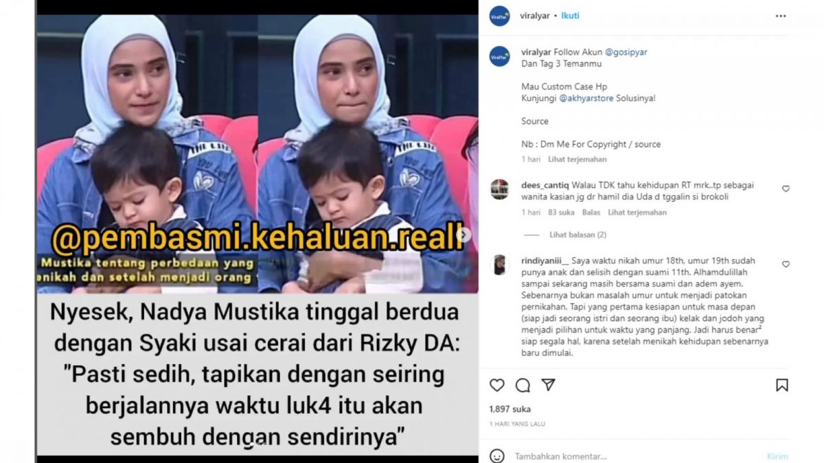Tangkapan layar soal kisah pilu mantan istri Rizky DA, Nadya Mustika yang berjuang sendiri untuk membiayai buah hatinya. [Instagram/viralyar]