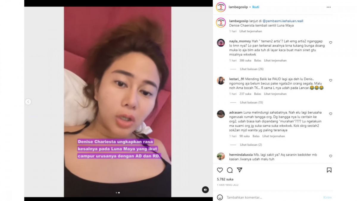 Tangkapan layar penggalan video Denise Chariesta sentil Luna Maya tuai hujatan netizen. [Instagram/lambegosiip]