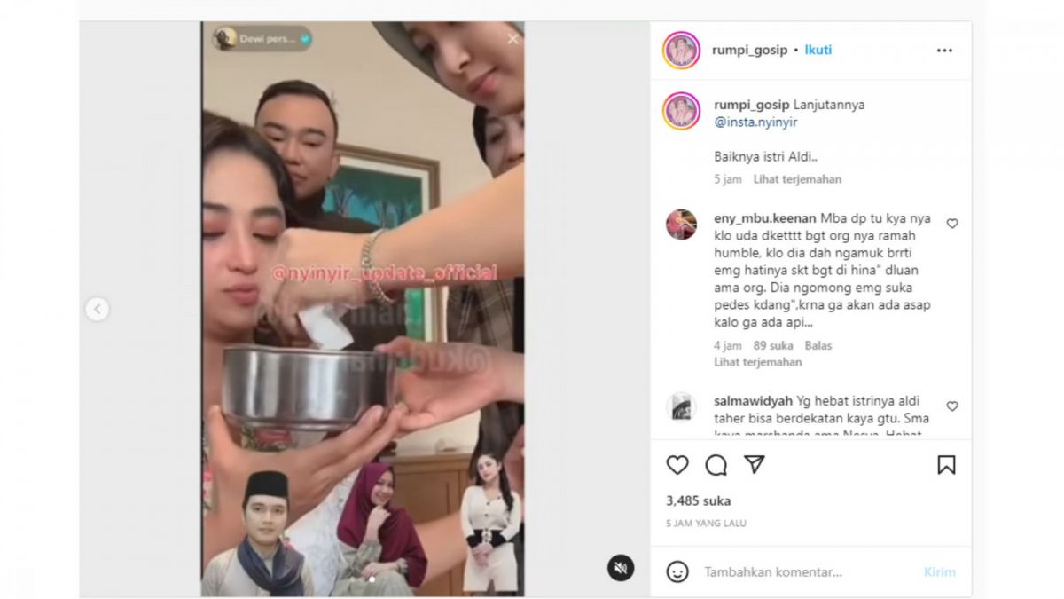 Tangkapan layar siarang langsung Dewi Perssik sambil disuapi istri Aldi Taher. [Instagram]