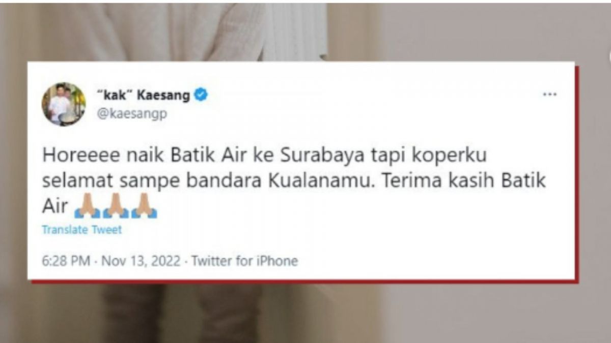 Tangkapan layar cuitan Kaesang Pangarep yang mengetahui kopernya tak satu tujuan dengannya, yang malah sampai dengan selamat di bandara Kualanamu. [Instagram]