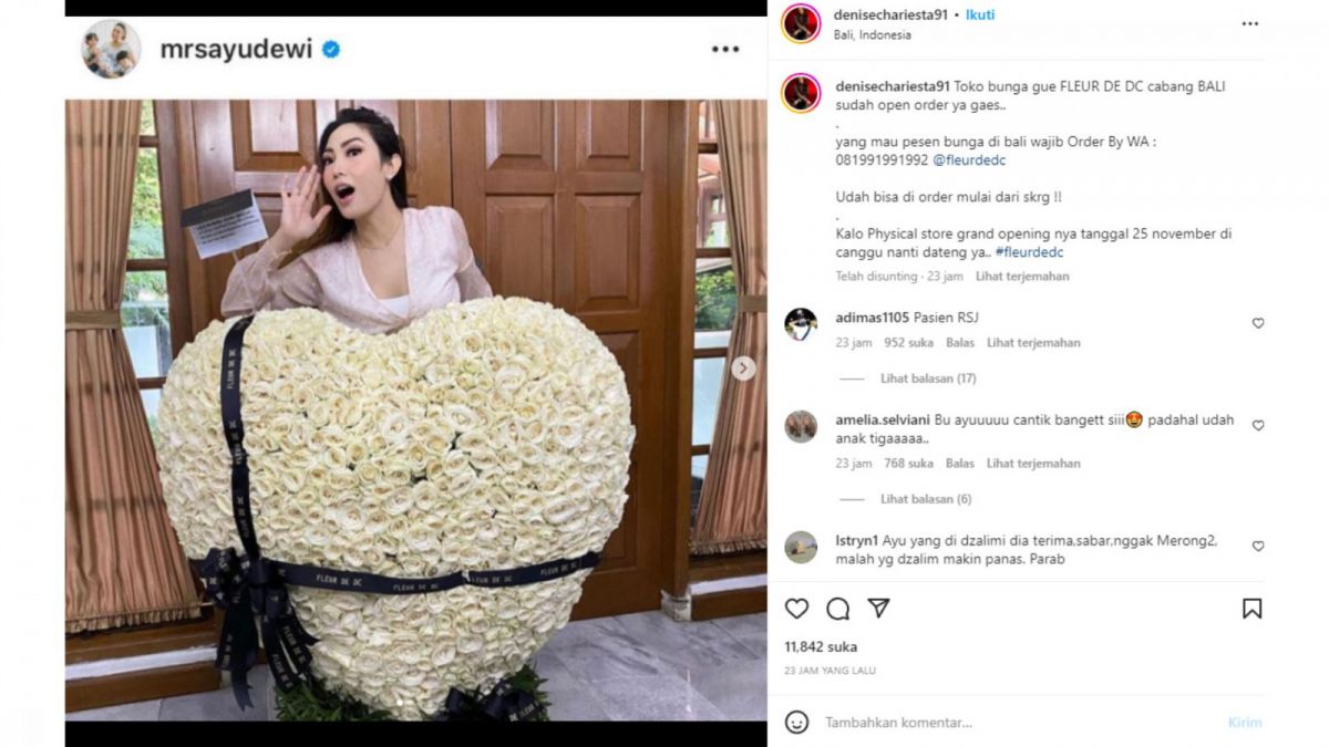 Tangkapan layar postingan Denise Chariesta yang bikin heboh netizen lantaran posting foto Ayu Dewi dengan bunga hadiah dari Regi Datau yang dibeli dari toko bunga milik Denise. [Instagram/denisechariesta91]