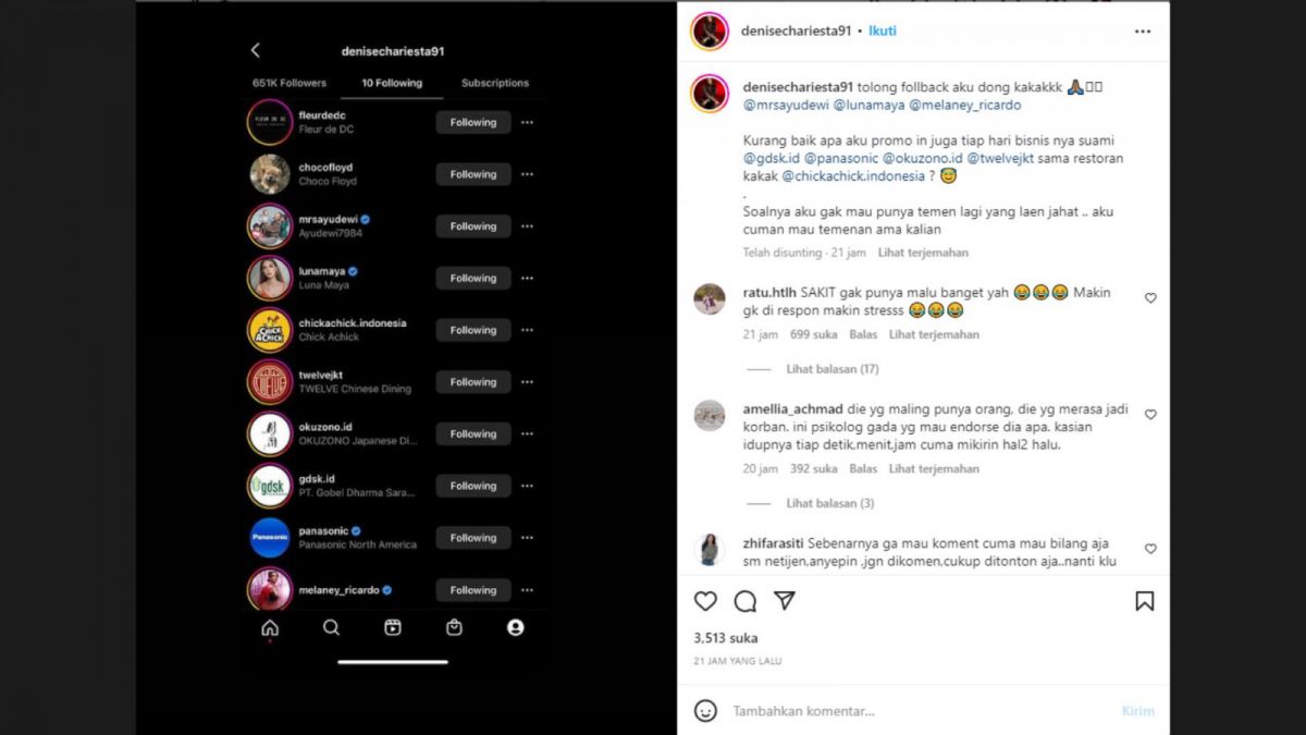 Tangkapan layar postingan Denise Chariesta yang meminta follow back Ayu Dewi, Luna Maya dan Melaney Ricardo justru panen hujatan netizen. [Instagram/denisechariesta91]
