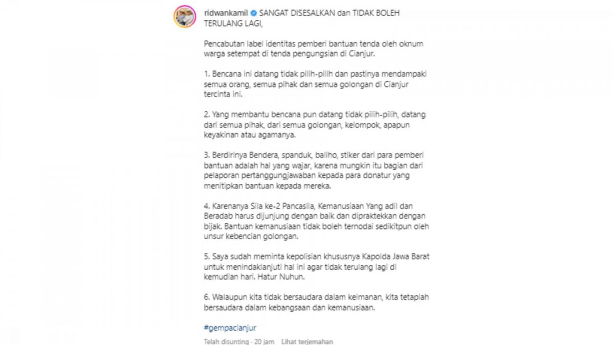 Isi enam poin Ridwan Kamil soal aksi copot nama Gereja yang jadi penyumbang untuk korban bencana Cianjur. [Instagram/ridwankamil]