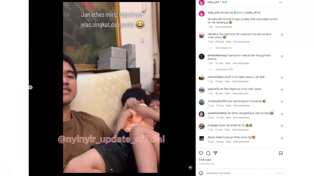 Tangkapan layar respon netizen melihat kelucuan Jen Ethes ucapkan selamat dengan nada yang mirip ayahnya dan pak Jokowi. [Instagram]