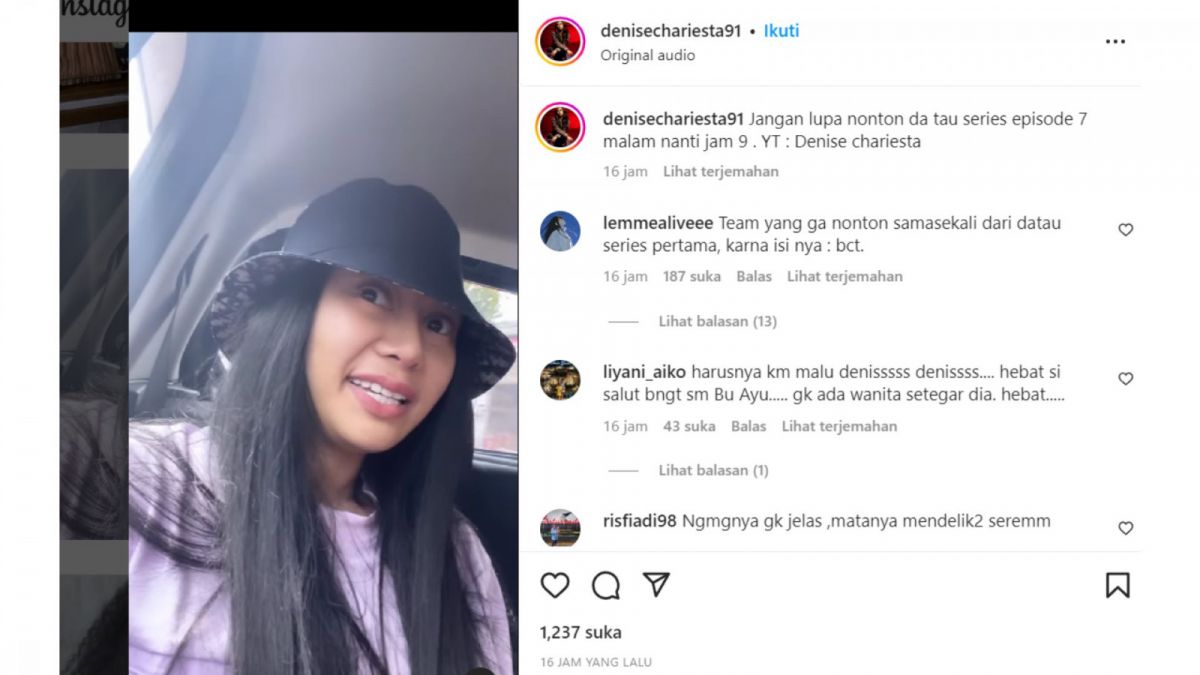 Tangkapan layar postingan Instagram Denise Chariesta beri kode video terbaru 'Da Tau Series' berjudul Om Ded dan Narko. [Instagram/denisechariesta91]