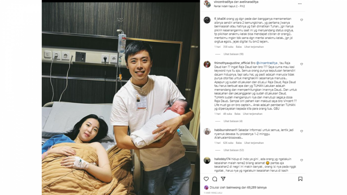 Tangkapan layar postingan Vincent Raditya istri ketiganya baru melahirkan anak, netizen pun ramai berbondong-bondong layangkan komentarnya. [Instagram/vincentraditya]