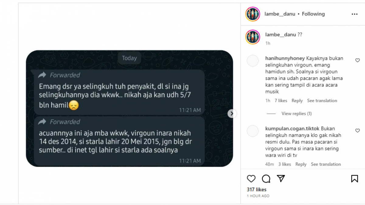 Screenshot akun gosip tentang Virgoun dan Inara Rusli [@lambe__danu]