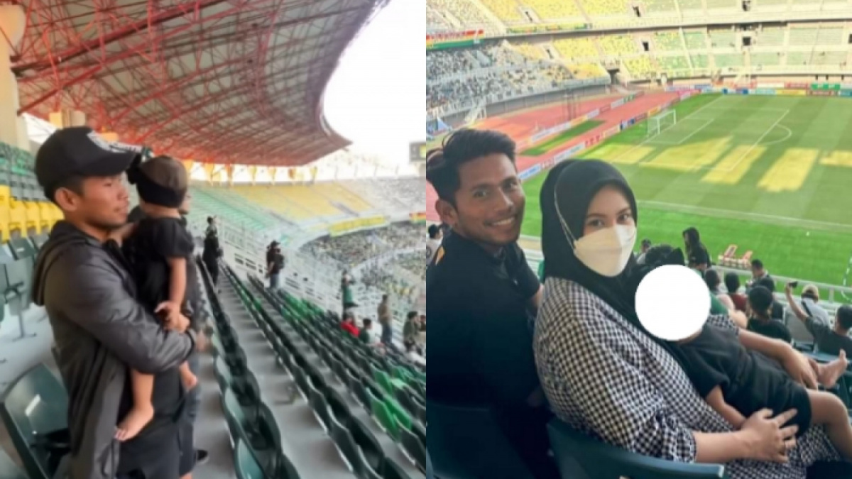 Andik Vermansyah bersama istri dan anaknya menonton laga BRI Liga 1 2023/2024, Persebaya Surabaya vs Persita Tangerang di Stadion GBT, Sabtu (12/8/2023). [Instagram/@slvagn]