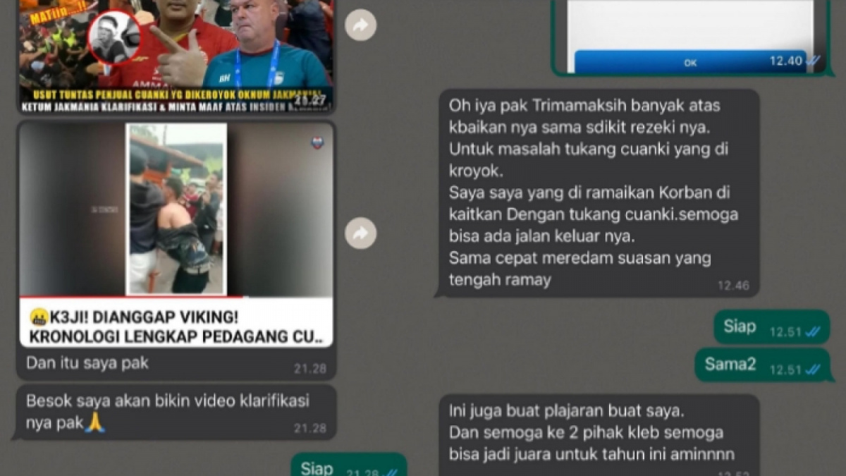 Isi pesan WhatsApp Ketum the Jakmania, Diky Soemarno dengan korban bernama Rahmad A Hidayat. [Instagram/@dikysoemarno]